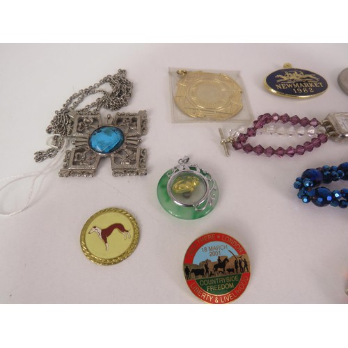 156 - ASSORTED BADGES AND PENDANTS, MEDALS, THREE CORWNS AND CRYSTAL STRAP LADIES WATCH, TWO BRACELETS etc