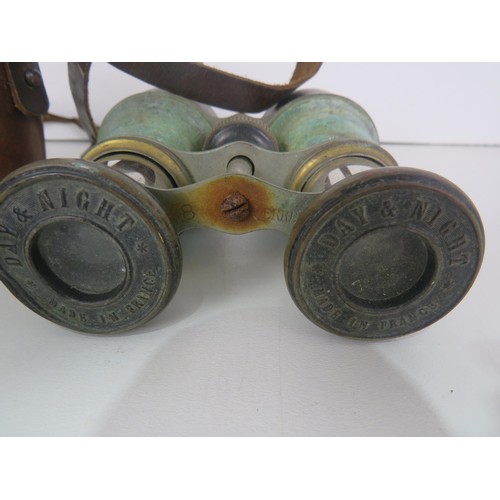 158 - OVER 100 year OLD FRENCH DAY/NIGHT BINOCULARS AND ONE OTHER OLD PAIR IN COWHIDE CASE, GUN SCOPE GUN ... 