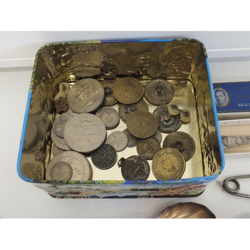 187 - TIN OF COINS AND COLLECTABLES