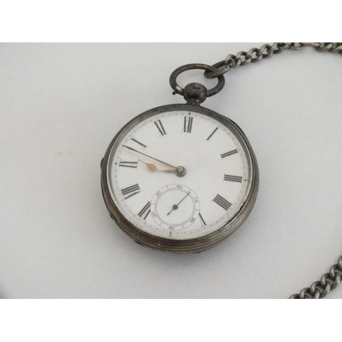 188 - SILVER POCKET WATCH WITH SILVER PLATED CHAIN AND KEY