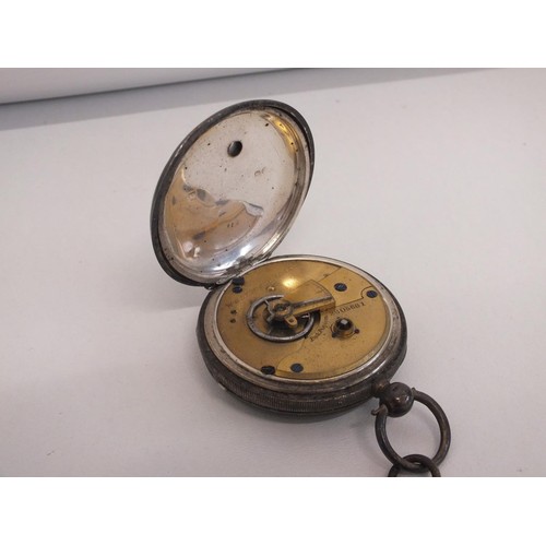 188 - SILVER POCKET WATCH WITH SILVER PLATED CHAIN AND KEY