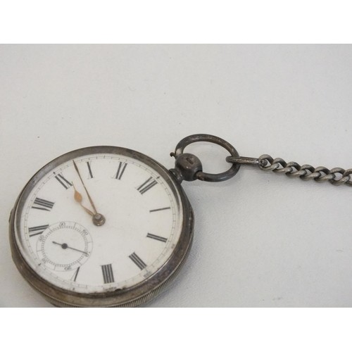 188 - SILVER POCKET WATCH WITH SILVER PLATED CHAIN AND KEY