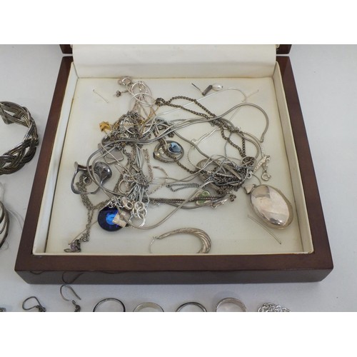 182 - BOX OF SILVER JEWELLERY INCLUDES BANGLES, RINGS, EARRINGS, NECKLACES etc