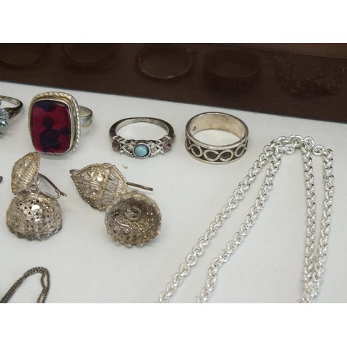 182 - BOX OF SILVER JEWELLERY INCLUDES BANGLES, RINGS, EARRINGS, NECKLACES etc