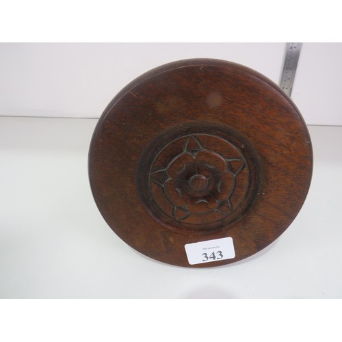 343 - WOODEN MILKING STOOL WITH CARVED ROSE DETAIL SEAT