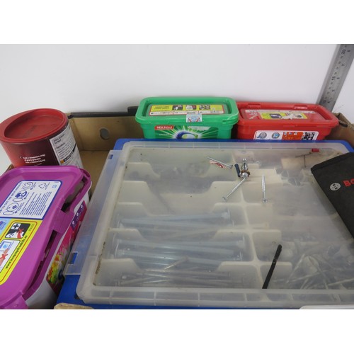 332 - LARGE TUB OF SCREWS, SOCKETS BOSCH DRILL BITS, HOLE CUTTERS, BOLTS, NAILS ETC