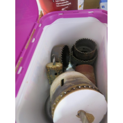 332 - LARGE TUB OF SCREWS, SOCKETS BOSCH DRILL BITS, HOLE CUTTERS, BOLTS, NAILS ETC