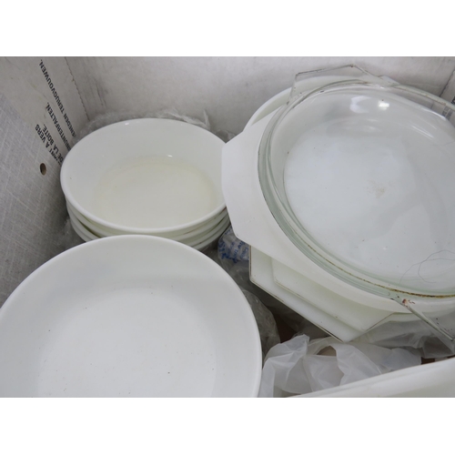 281 - BOX OF PYREX DISHES AND ROYAL VICTORIA WILD COUNTRY PATTERN CUPS, SAUCERS AND PLATES