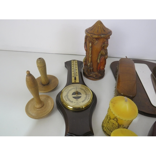 285 - BOX OF MISCELLANEOUS COLLECTABLES INCLUDES TREEN, BRASS CANDELABRA, BAROMETER etc