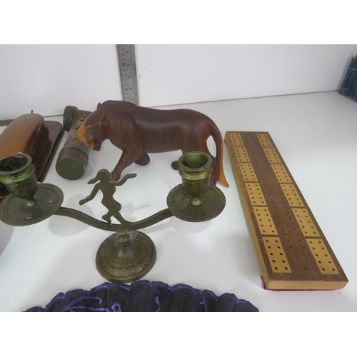 285 - BOX OF MISCELLANEOUS COLLECTABLES INCLUDES TREEN, BRASS CANDELABRA, BAROMETER etc