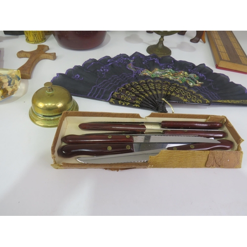 285 - BOX OF MISCELLANEOUS COLLECTABLES INCLUDES TREEN, BRASS CANDELABRA, BAROMETER etc