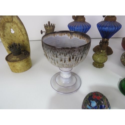 287 - MISCELLANEOUS ITEMS INCLUDES OIL LAMPS, METAMIC CLOCK, CHINESE CLOISONNE EGGS ETC