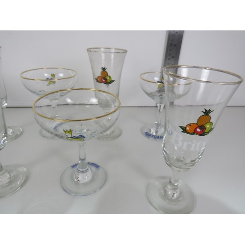 277 - 6 x BABYCHAM GLASSES, 6 x BRITVIC GLASSES AND PLASTIC COCKTAIL STICKS