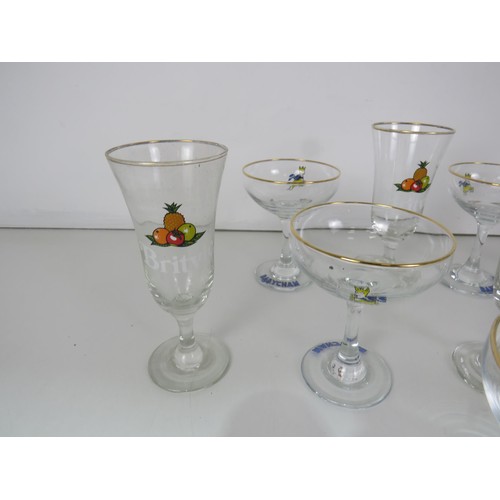 277 - 6 x BABYCHAM GLASSES, 6 x BRITVIC GLASSES AND PLASTIC COCKTAIL STICKS