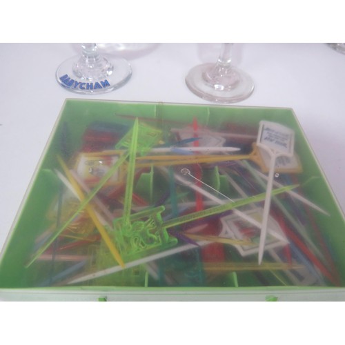 277 - 6 x BABYCHAM GLASSES, 6 x BRITVIC GLASSES AND PLASTIC COCKTAIL STICKS