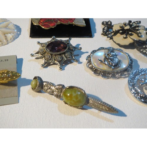 239 - 7 x VINTAGE BROOCHES INCLUDES SCOTTISH, FISH ENAMELS, DAVID SALMON, CARVED MOTHER OF PEARL ETC