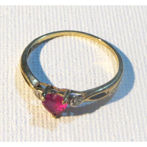 241 - 9ct GOLD DIAMOND & RUBY HEART RING SIZE R, 1.1g WITH RING BOX