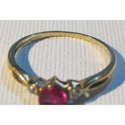 241 - 9ct GOLD DIAMOND & RUBY HEART RING SIZE R, 1.1g WITH RING BOX