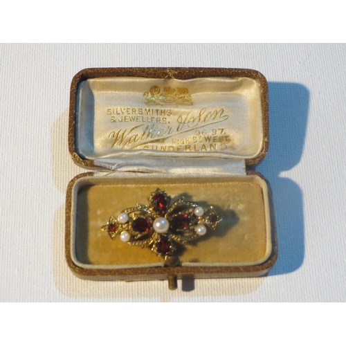 256 - VICTORIAN PINCHBECK BROOCH SET WITH GARNETS and SEED PEARLS IN ANTIQUE BROOCH JEWELLERY BOX