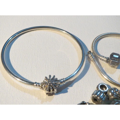 257 - 20 x GENUINE SILVER PANDORA CHARMS, 2 PANDORA SNAKE BRACELETS and PANDORA BANGLE