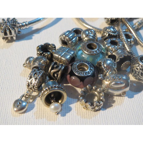 257 - 20 x GENUINE SILVER PANDORA CHARMS, 2 PANDORA SNAKE BRACELETS and PANDORA BANGLE