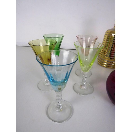 278 - MID CENTURY GLASS DECANTER AND MATCHING GLASSES, 5 x COLOURED TWIST STEM GLASSES, PAPERWEIGHT etc