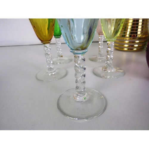 278 - MID CENTURY GLASS DECANTER AND MATCHING GLASSES, 5 x COLOURED TWIST STEM GLASSES, PAPERWEIGHT etc