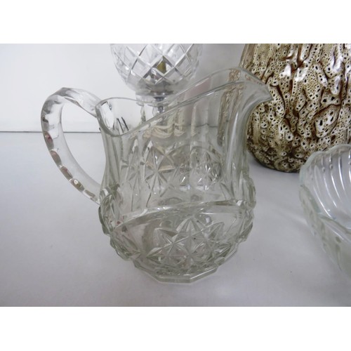 349 - GLASSWARE, VASES, LAMP AND LARGE CERAMIC GLAZED VASE ETC