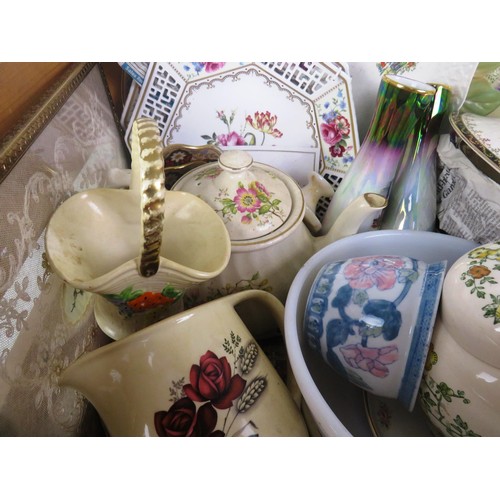 350 - WOODEN CRATE FULL OF CERAMICS AND GLASSWARE INCLUDES SPODE PLATES, MASON JARS, POPPY GLASS DECANTER ... 