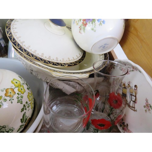 350 - WOODEN CRATE FULL OF CERAMICS AND GLASSWARE INCLUDES SPODE PLATES, MASON JARS, POPPY GLASS DECANTER ... 