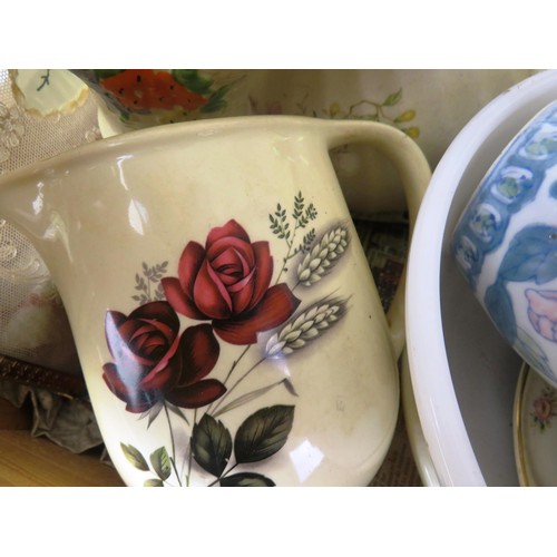 350 - WOODEN CRATE FULL OF CERAMICS AND GLASSWARE INCLUDES SPODE PLATES, MASON JARS, POPPY GLASS DECANTER ... 