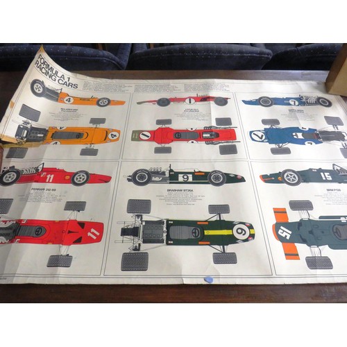 351 - 5 x RETRO POSTERS INCLUDES CONCORDE PLAN DRAWING, FORMULA 1 RACING CARS ETC