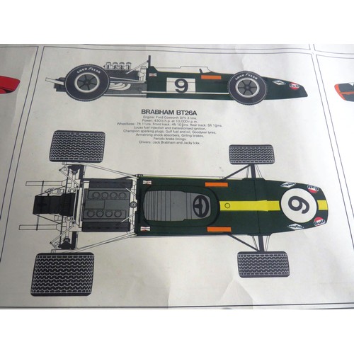 351 - 5 x RETRO POSTERS INCLUDES CONCORDE PLAN DRAWING, FORMULA 1 RACING CARS ETC