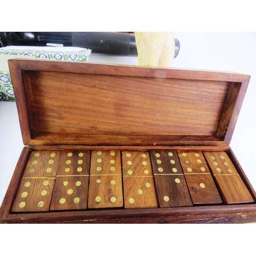 355 - TRAY OF MISCELLANEOUS INCLUDES MAG-LITE TORCH, WOOD AND BRASS DOMINOES, SOAPSTONE FOO DOG ETC