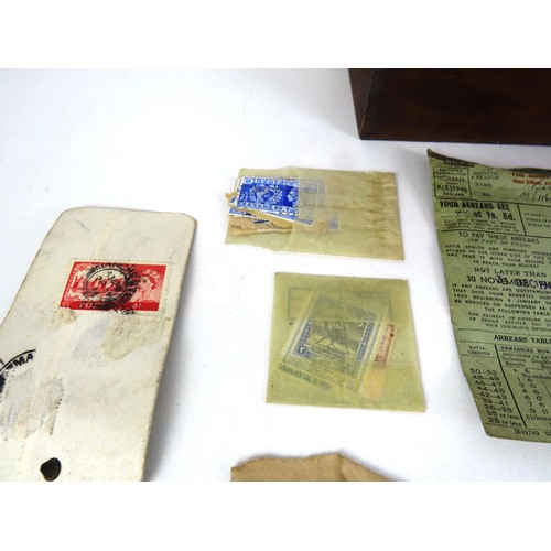 360 - OLD WOODEN BOX OF STAMPS, EPHEMERA AND RAILWAY BUTTONS