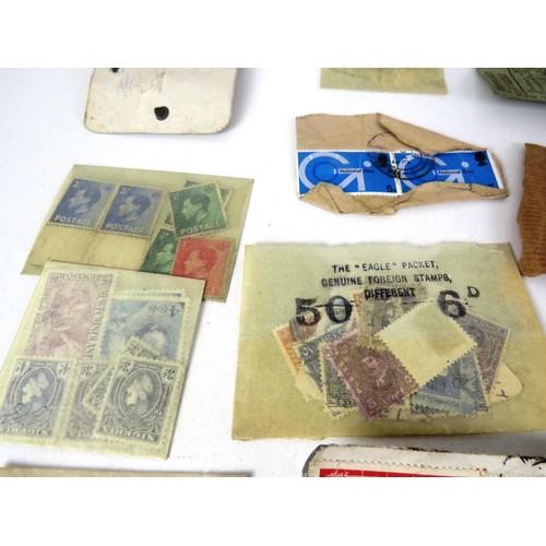 360 - OLD WOODEN BOX OF STAMPS, EPHEMERA AND RAILWAY BUTTONS