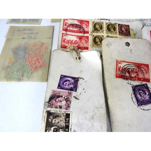 360 - OLD WOODEN BOX OF STAMPS, EPHEMERA AND RAILWAY BUTTONS