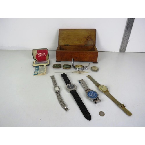 361 - WOOD TRINKET BOX WITH WATCHES POCKET WATCH, BOXED RONSON LIGHTER ETC