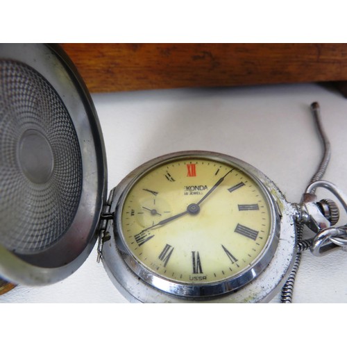 361 - WOOD TRINKET BOX WITH WATCHES POCKET WATCH, BOXED RONSON LIGHTER ETC