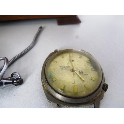 361 - WOOD TRINKET BOX WITH WATCHES POCKET WATCH, BOXED RONSON LIGHTER ETC