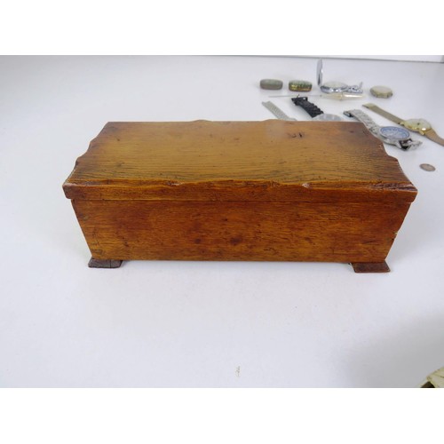 361 - WOOD TRINKET BOX WITH WATCHES POCKET WATCH, BOXED RONSON LIGHTER ETC