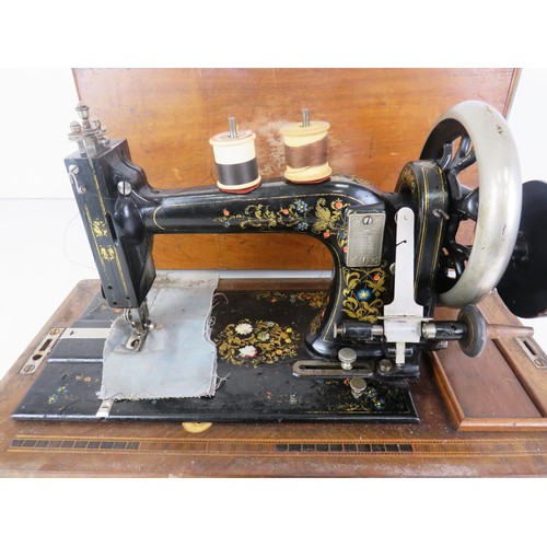 365 - VICTORIAN SEWING MACHINE WITH MARQUETRY AND MOTHER OF PEARL INLAY