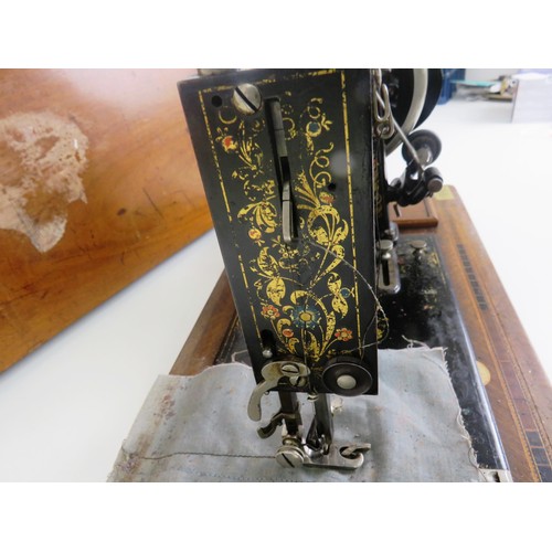 365 - VICTORIAN SEWING MACHINE WITH MARQUETRY AND MOTHER OF PEARL INLAY