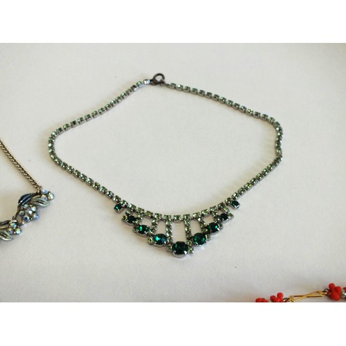 233 - 3 TRUE VINTAGE CRYSTAL NECKLACES & LONG GOLDTONE CORAL & SEED PEARL NECKLACE