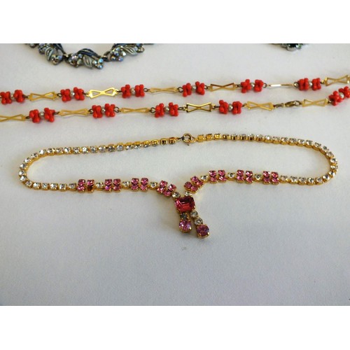 233 - 3 TRUE VINTAGE CRYSTAL NECKLACES & LONG GOLDTONE CORAL & SEED PEARL NECKLACE