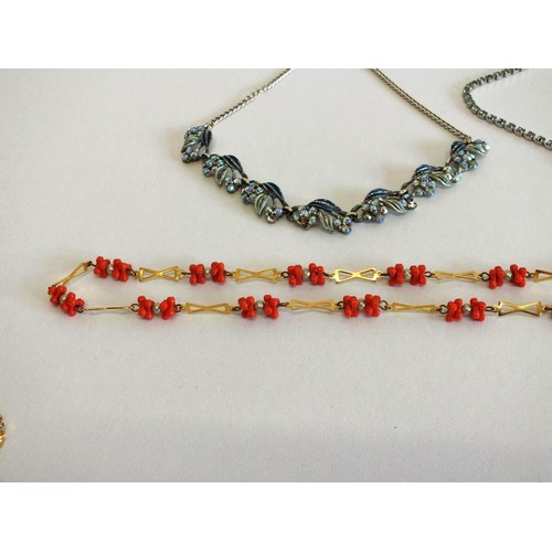 233 - 3 TRUE VINTAGE CRYSTAL NECKLACES & LONG GOLDTONE CORAL & SEED PEARL NECKLACE