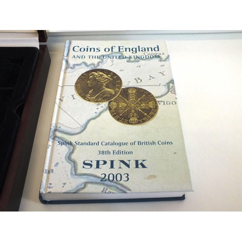 394 - TRIPLE LAYER COIN BOX, COIN BOOK, VARIOUS TINS AND BOXES