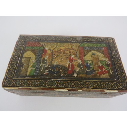 197 - ANTIQUE PERSIAN ISLAMIC WOODEN KHATAM BOX WITH MINIATURE PAINTINGS