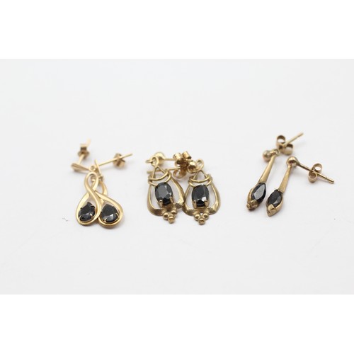 400 - 3 X 9ct Gold Paired Sapphire Drop Earrings (2.8g)