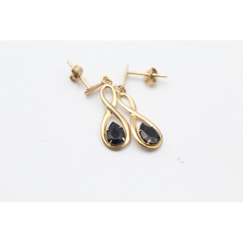 400 - 3 X 9ct Gold Paired Sapphire Drop Earrings (2.8g)